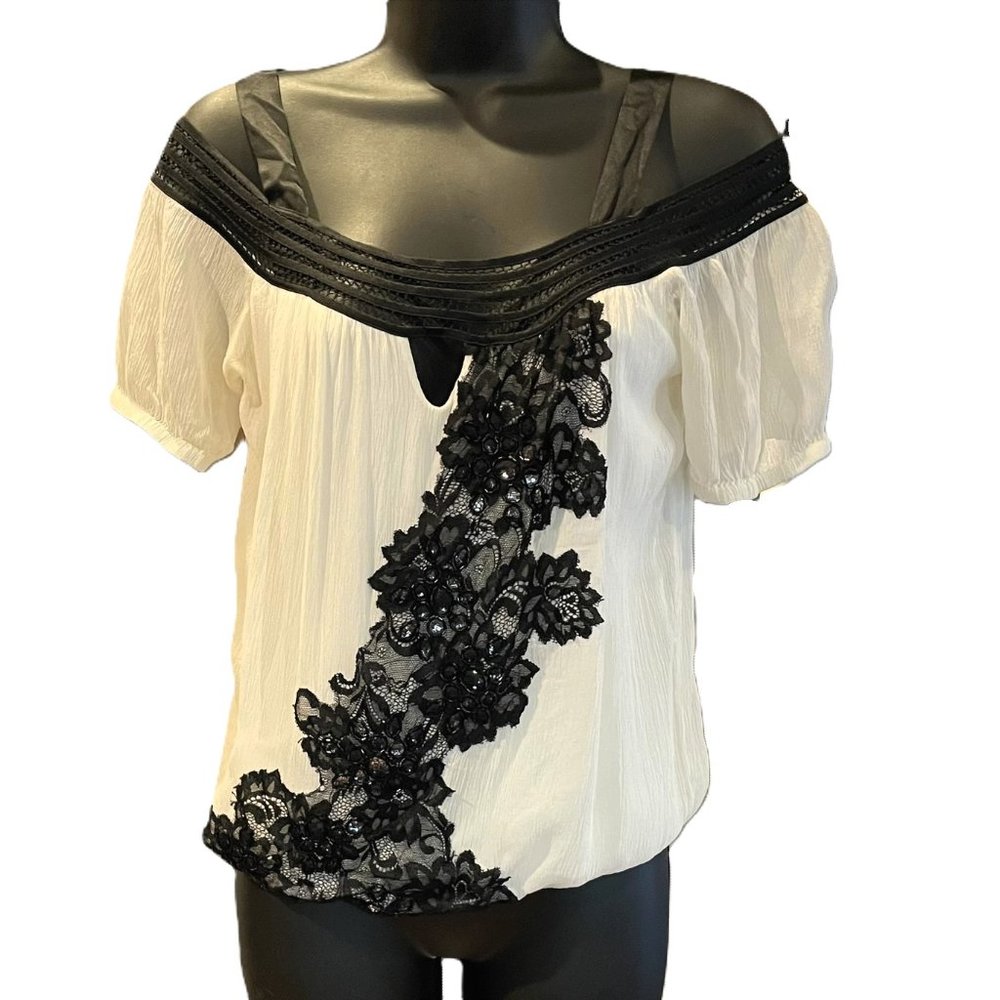 Guess Women's Sz XS Silk Floral Lace Bow Coquette Dainty Blouse White Black